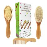 Molylove 3 Piece Baby Hair Brush and Comb Set for Newborn Toddlers Natural Wooden Hairbrush with Soft Goat Bristles for Cradle Cap - Perfect Scalp Grooming Product for Infant, Toddler, Kids, Baby